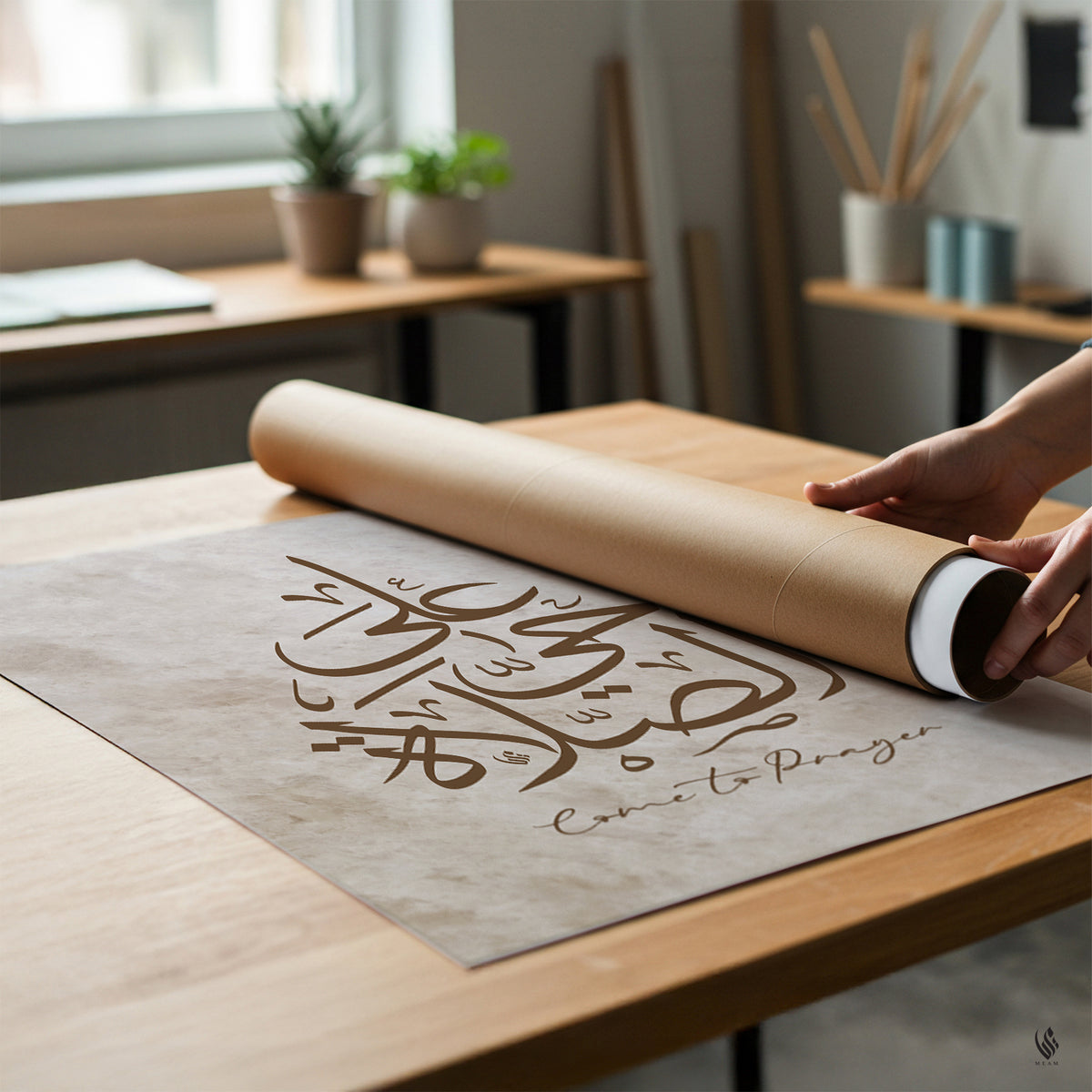 Person unrolling a piece of paper with Arabic calligraphy on a wooden table.