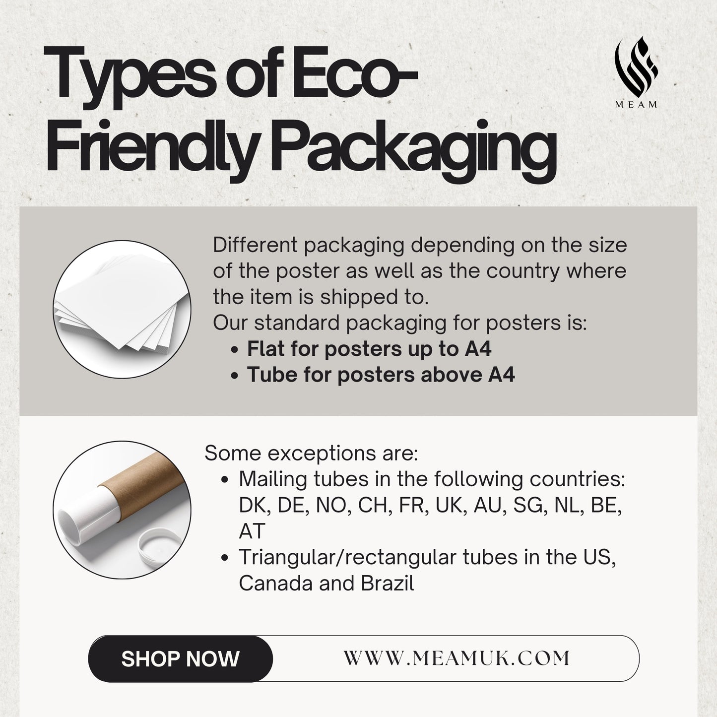 Informational graphic about eco-friendly packaging types with MEAM branding.