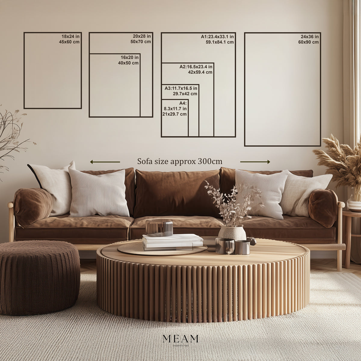 Living room with brown sofa, round wooden coffee table, and decorative elements.