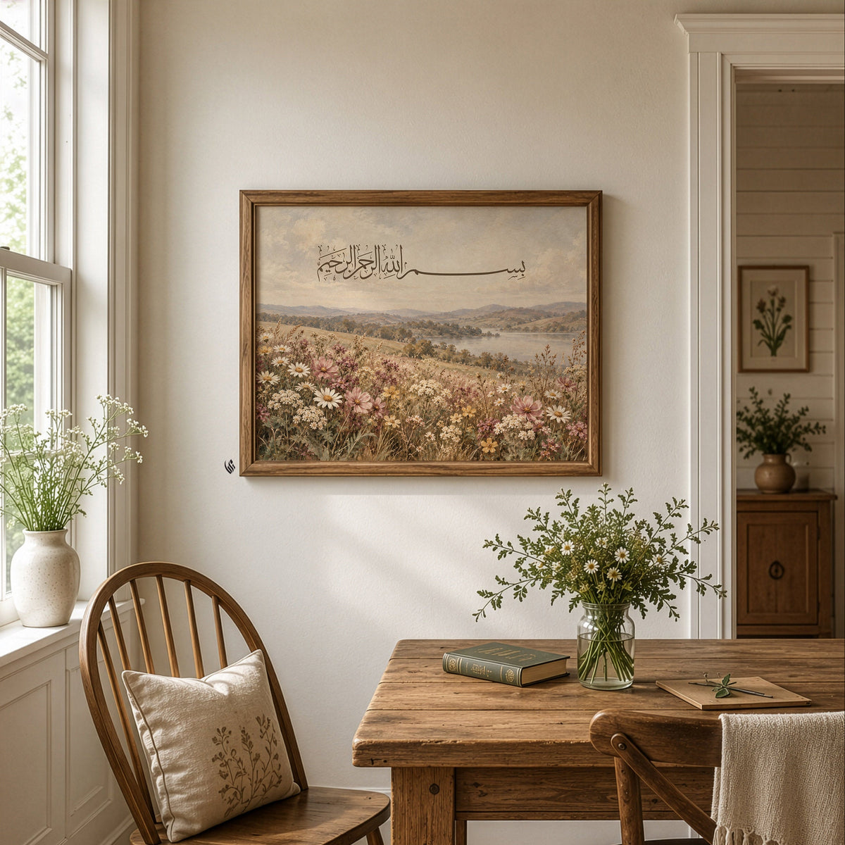Bismillah Islamic wall art in a natural brown wooden frame, displayed above a rustic dining table beside a large window with soft natural light.
A vintage-inspired landscape of distant hills, calm water and delicate meadow flowers sits beneath flowing Arabic calligraphy in warm brown tones.
Styled with wooden chairs, a ceramic vase of flowers and neutral interiors, highlighting the print's botanical detailing and soft countryside colours.