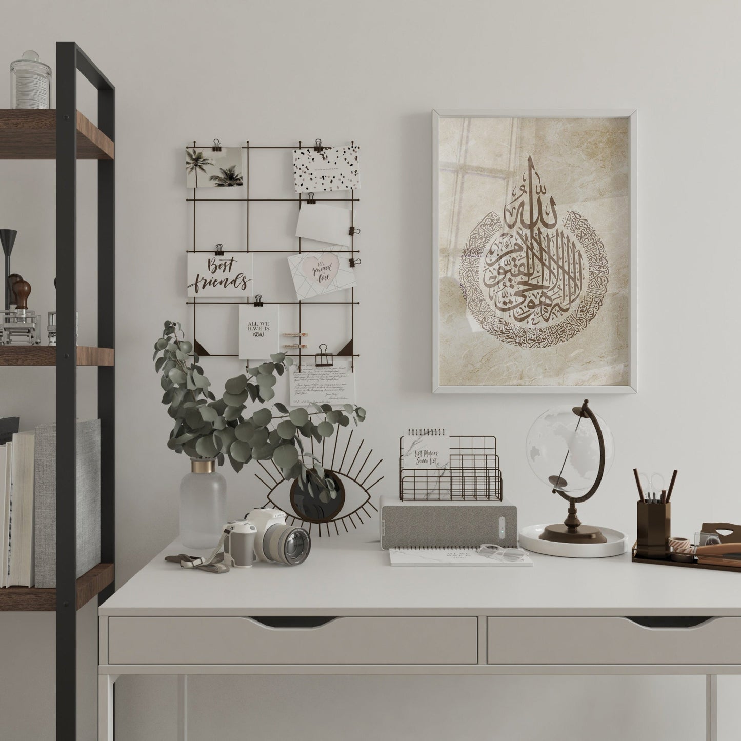 Home office setup with a desk, shelves, and decorative items.