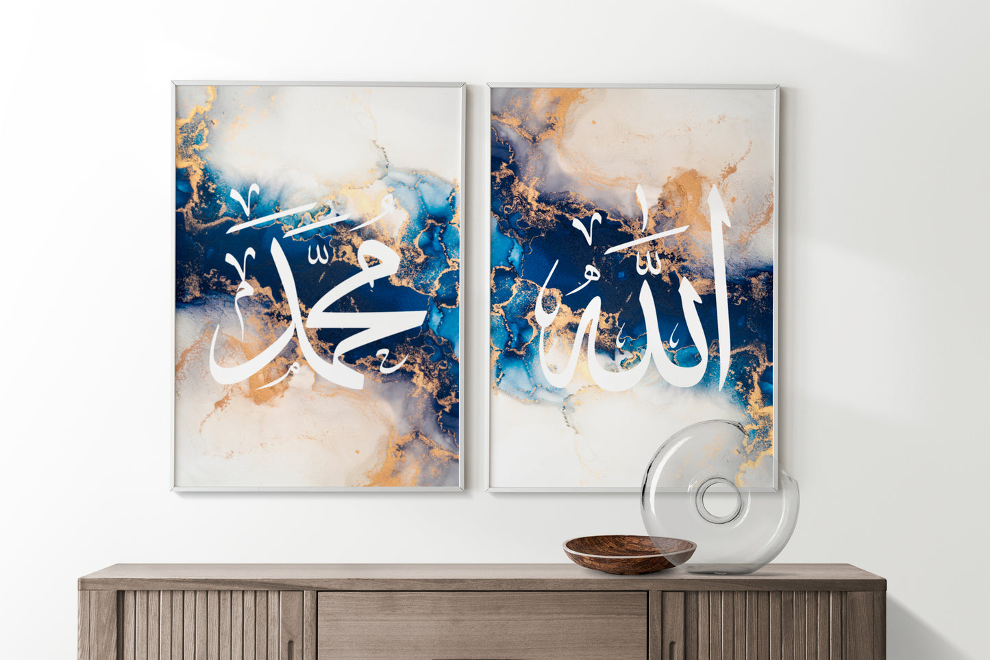 Digital Download, Set of 3 Royal Blue & White Allah, Ayatul Kursi and Muhammad Arabic Calligraphy Islamic Wall Art Print, Muslim Home Wall