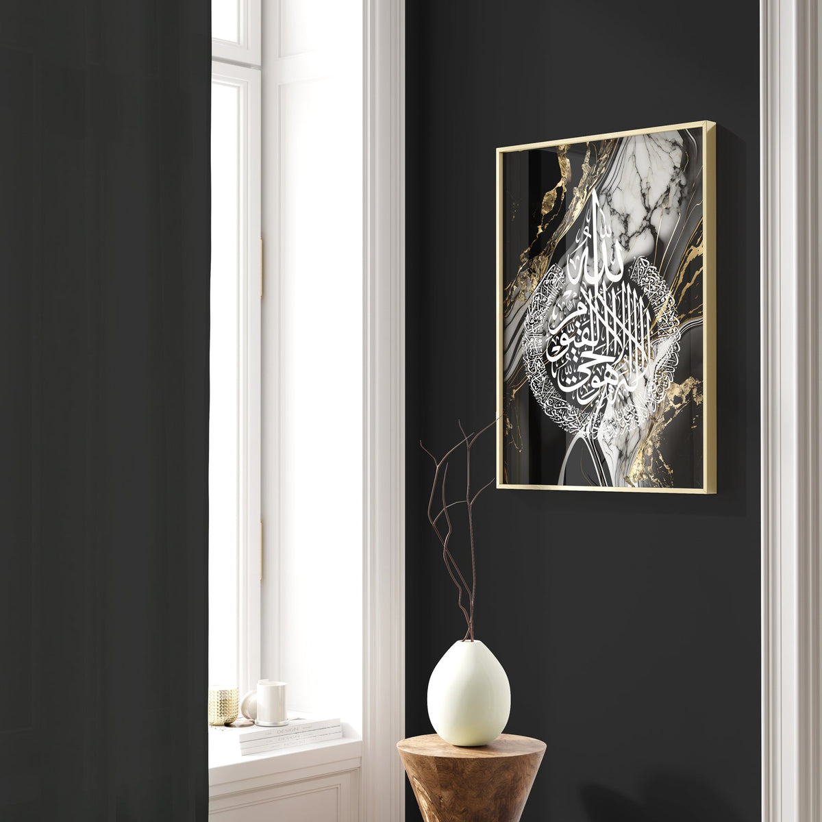 Framed abstract art on a black wall with a window and decorative items.