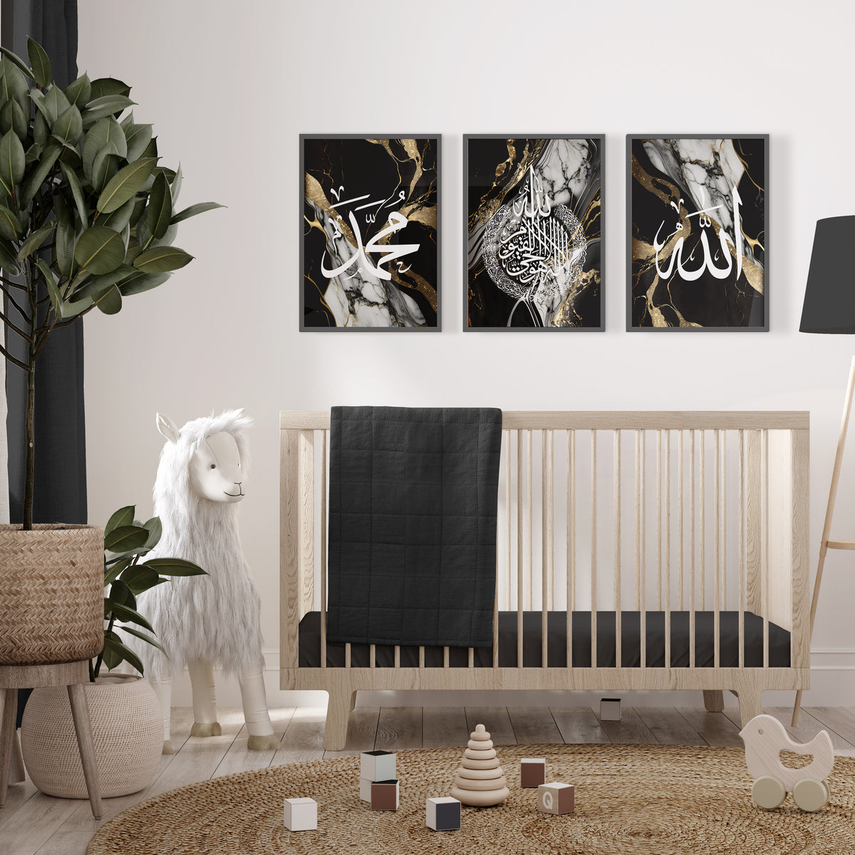 Set of 3 Islamic Wall Art Prints, Black & Gold Marble Allah Ayatul Kursi Muhammad D29