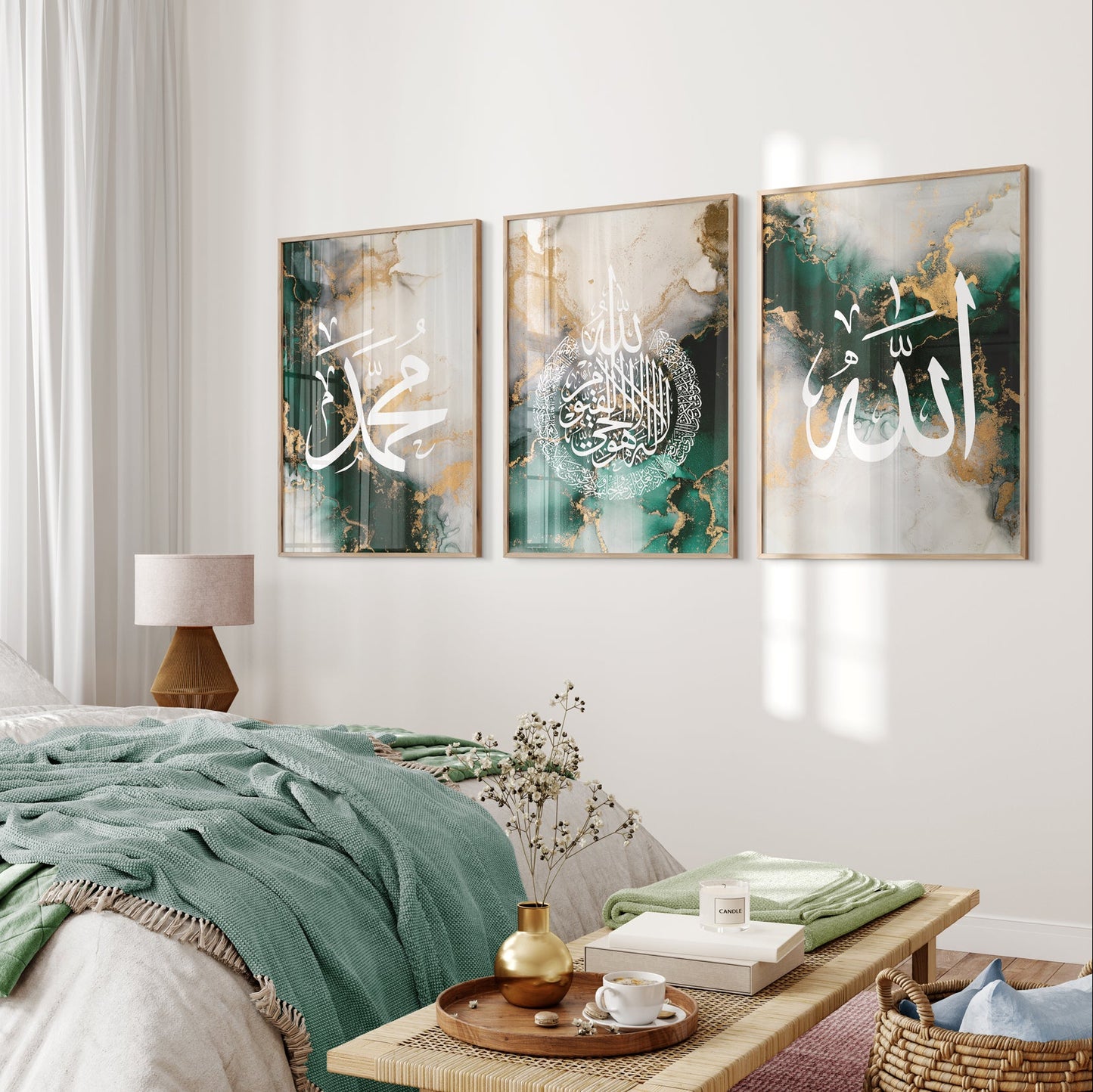 Three framed artworks with Arabic calligraphy on a wall in a bedroom setting.