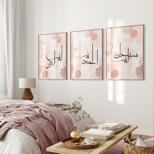 Bedroom with pink and gold wall art above a bed