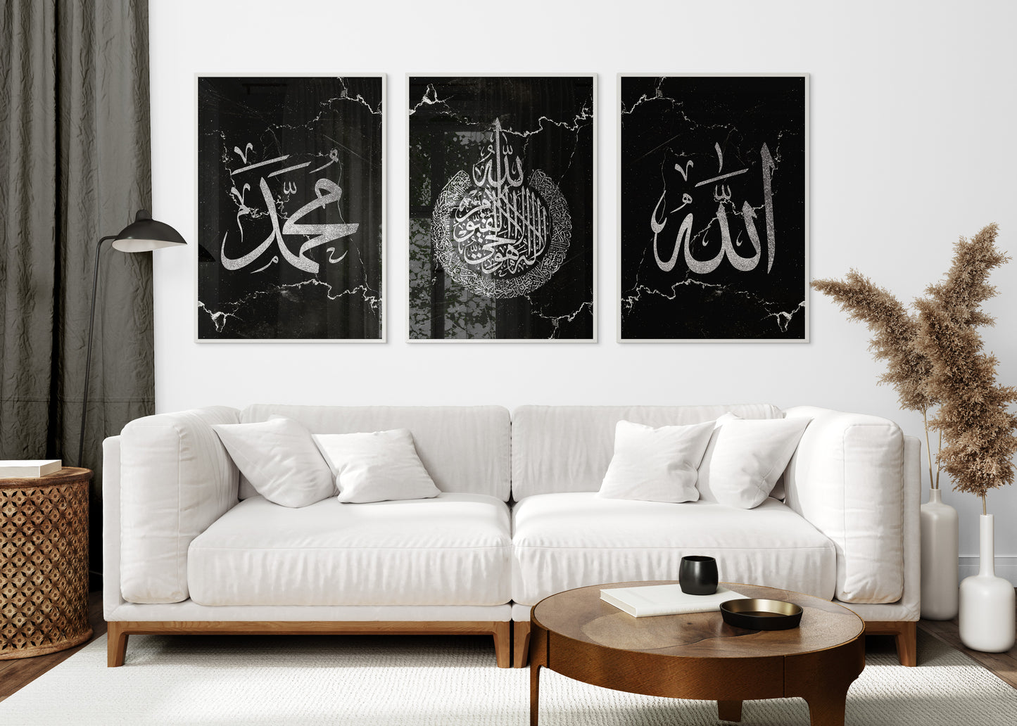 Set of 3 Islamic Wall Art Prints Black And Silver Marble Allah Ayatul Kursi Muhammad
