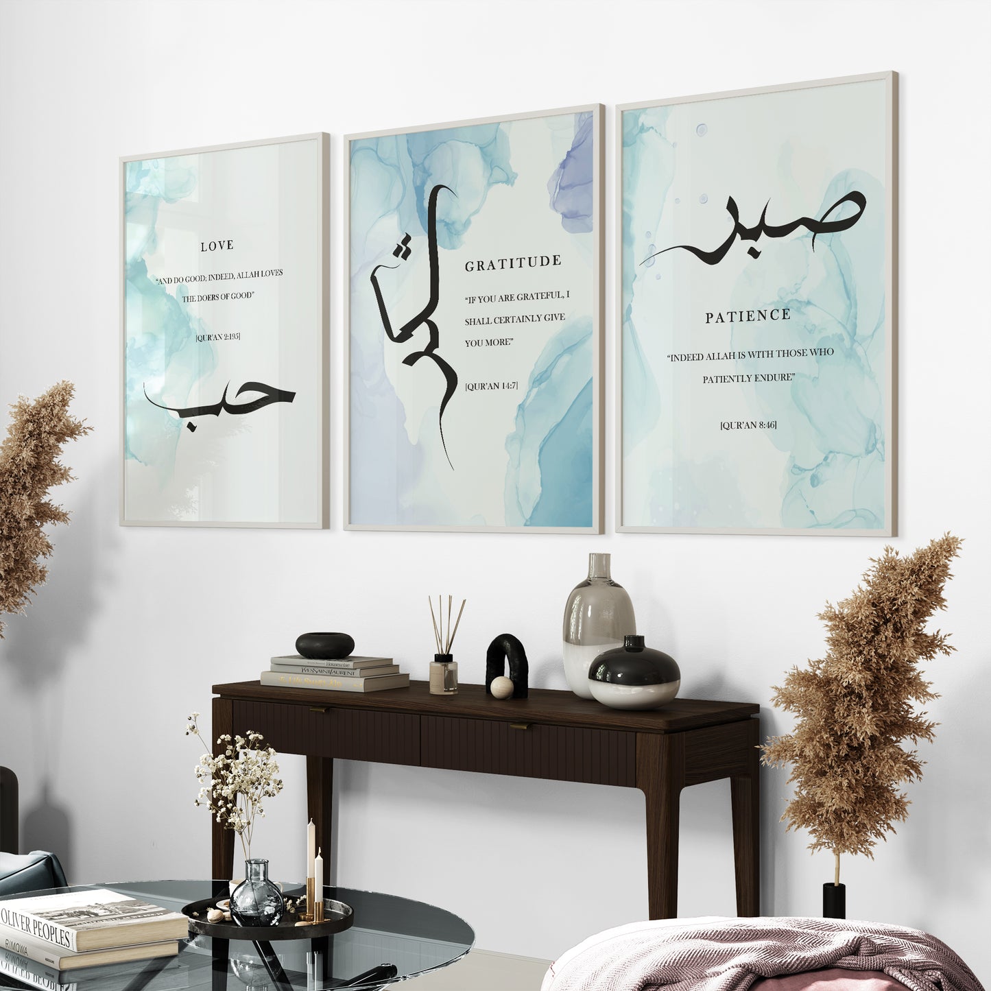 Set of 3 Blue Watercolour Sabr Shukr And Hubb D73