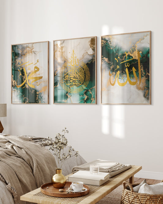 Set of 3 Islamic Wall Art Prints, Allah Ayatul Kursi Muhammad-Green & Gold Marble