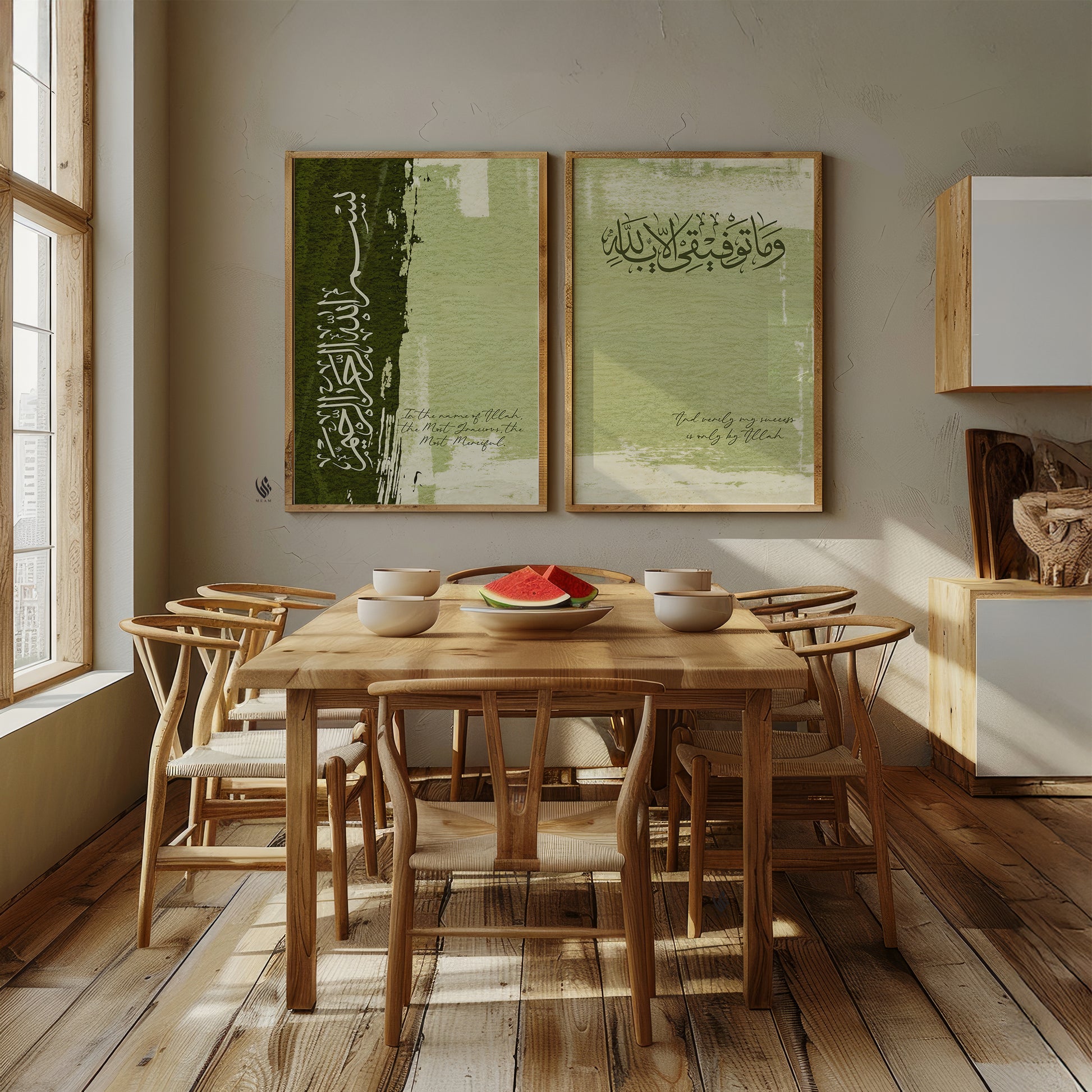Dining room with wooden table and chairs, featuring two framed artworks on the wall.