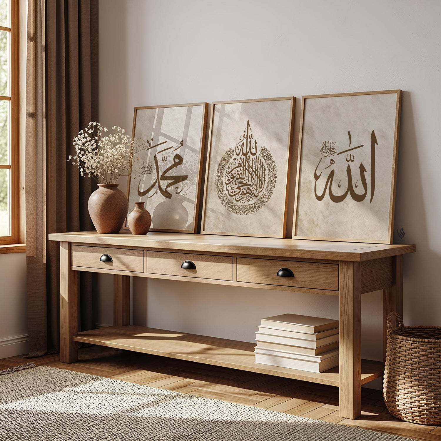 Islamic printable wall art set featuring Arabic calligraphy of Allah, Ayatul Kursi, and Muhammad in soft brown tones. Each design sits on a beige watercolor style background with a clean and modern look. This digital download is ideal for Muslim home decor, mosque inspired interiors, or spiritual wall art displays. Neutral Islamic art prints that work beautifully in bedrooms, living rooms, and prayer spaces.