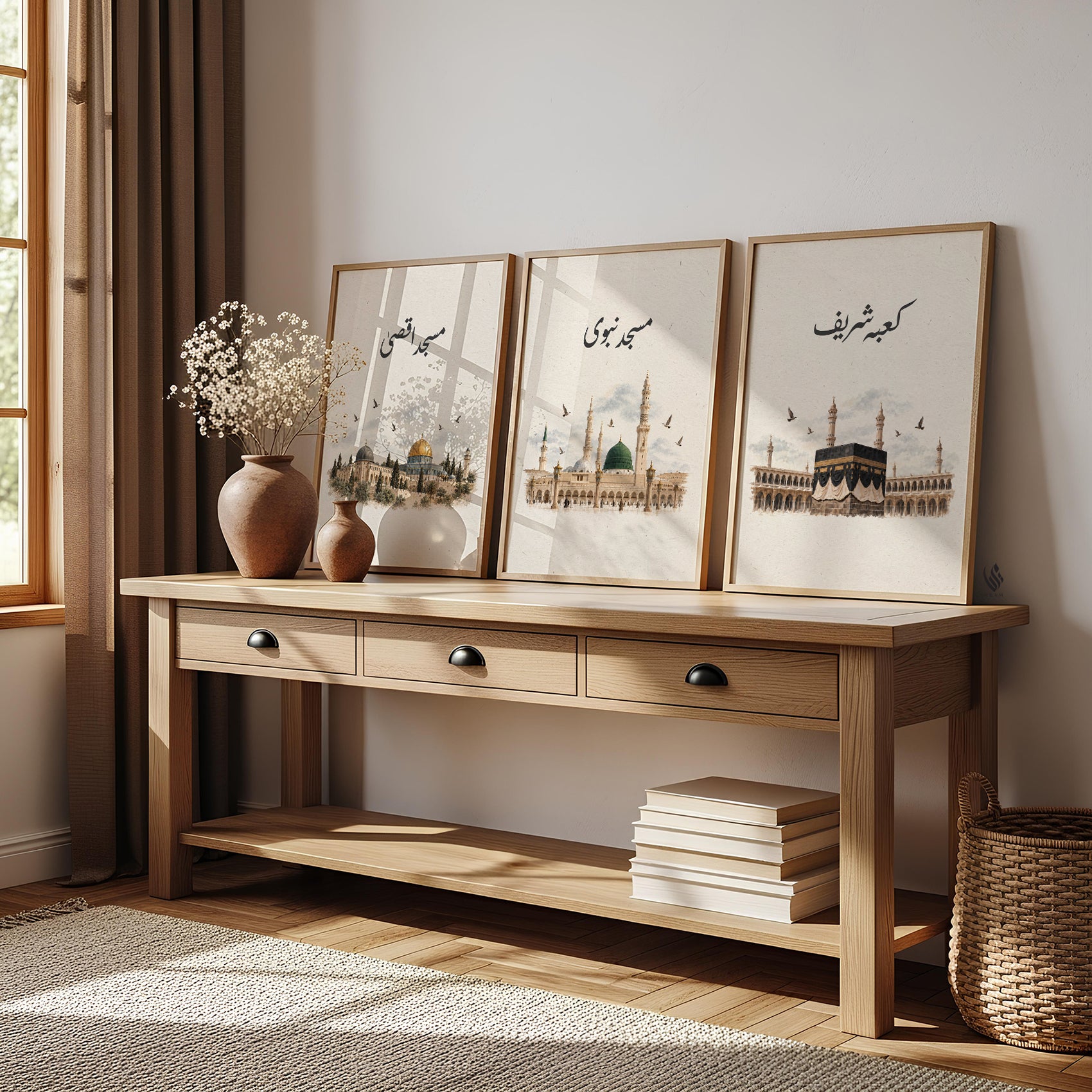 Set of three neutral Islamic wall art prints featuring Masjid Al Aqsa, Masjid Nabawi and Kaaba Shareef with Urdu lettering on a wooden console.
