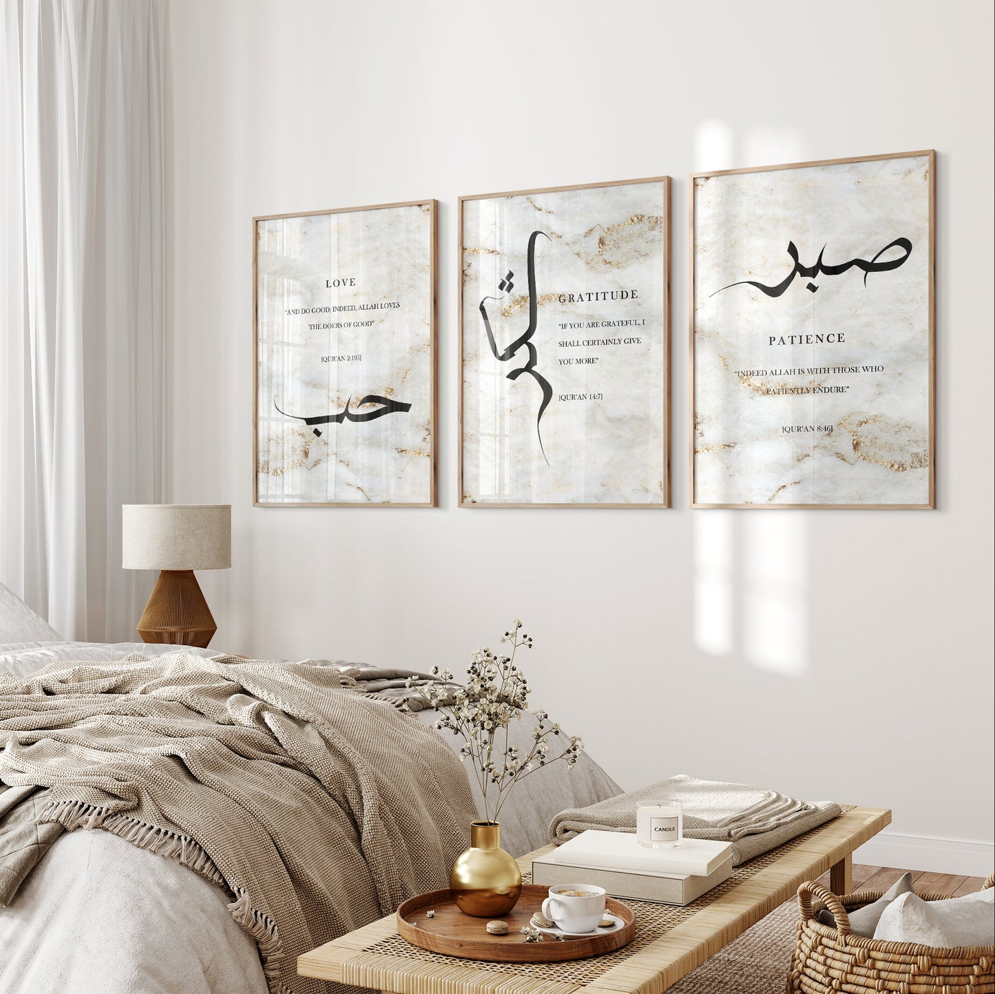Modern bedroom with a bed, side table, and wall art featuring Arabic calligraphy.