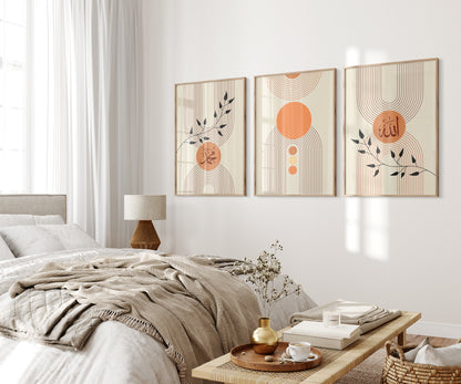 Set of 3 Islamic Wall Art Boho Maroon Black Orange Zikr Frame Prints, Allah And Muhammad