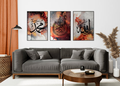 Set of 3 Islamic Wall Art Prints Fire Red Orange Marble, Allah Ayatul Kursi Muhammad