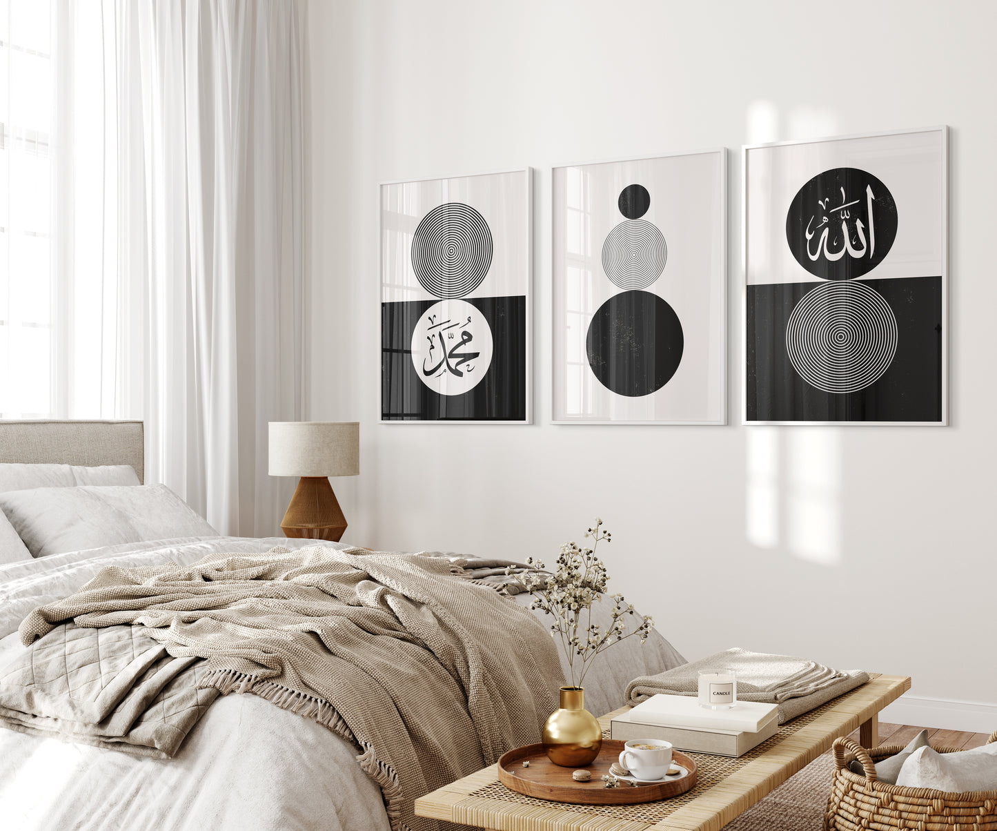 Set of 3 Islamic Wall Art, Boho Black and White Circle Frame Prints, Allah And Muhammad