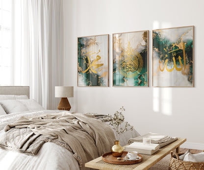 Set of 3 Islamic Wall Art Prints, Allah Ayatul Kursi Muhammad-Green & Gold Marble