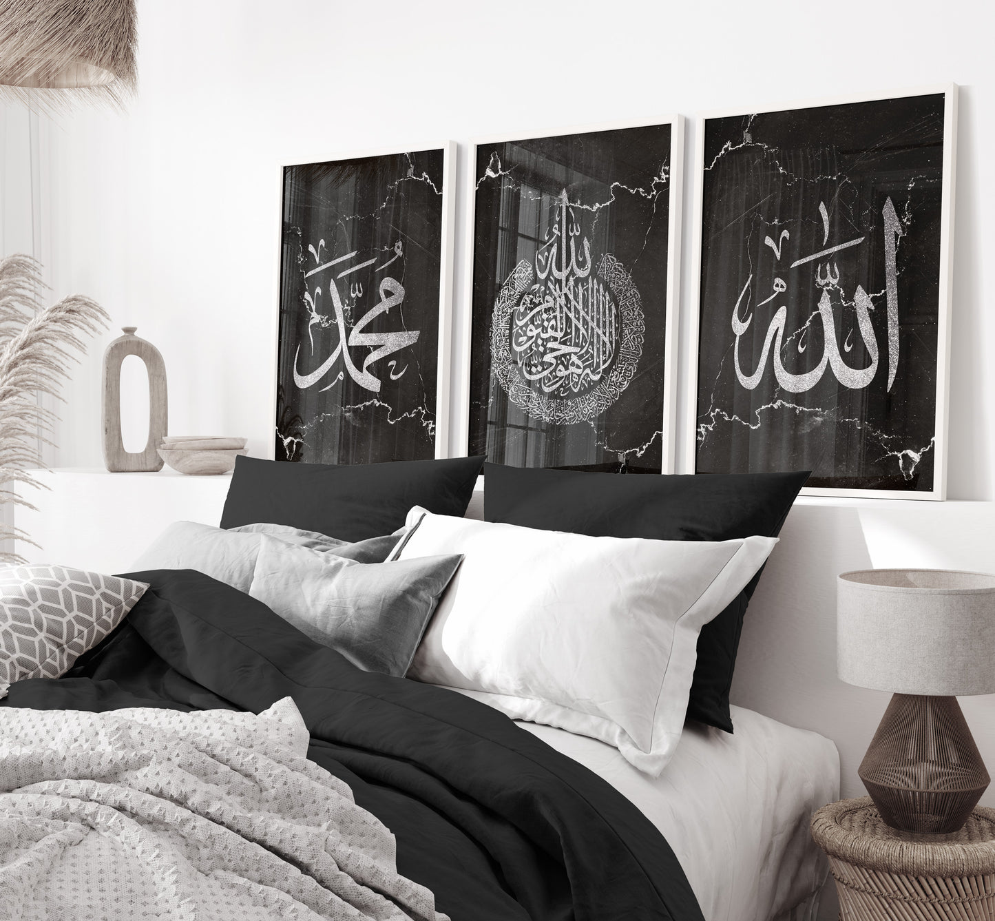 Set of 3 Islamic Wall Art Prints Black And Silver Marble Allah Ayatul Kursi Muhammad