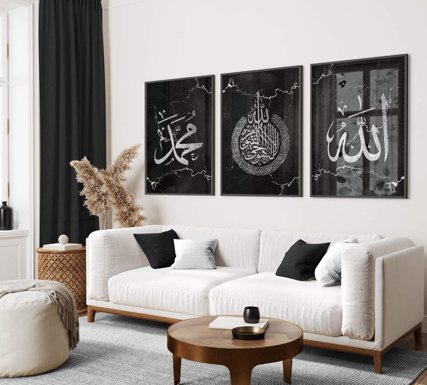 Set of 3 Islamic Wall Art Prints Black And Silver Marble Allah Ayatul Kursi Muhammad