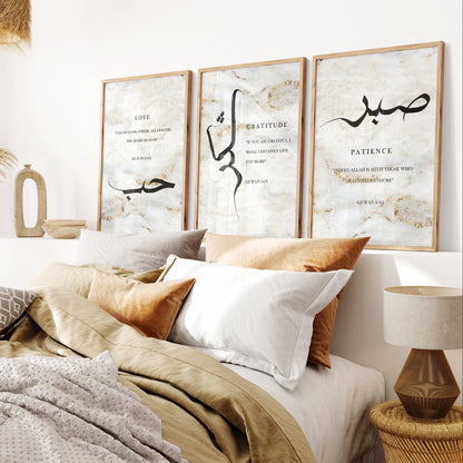 Decorative bedroom with framed artwork on the wall