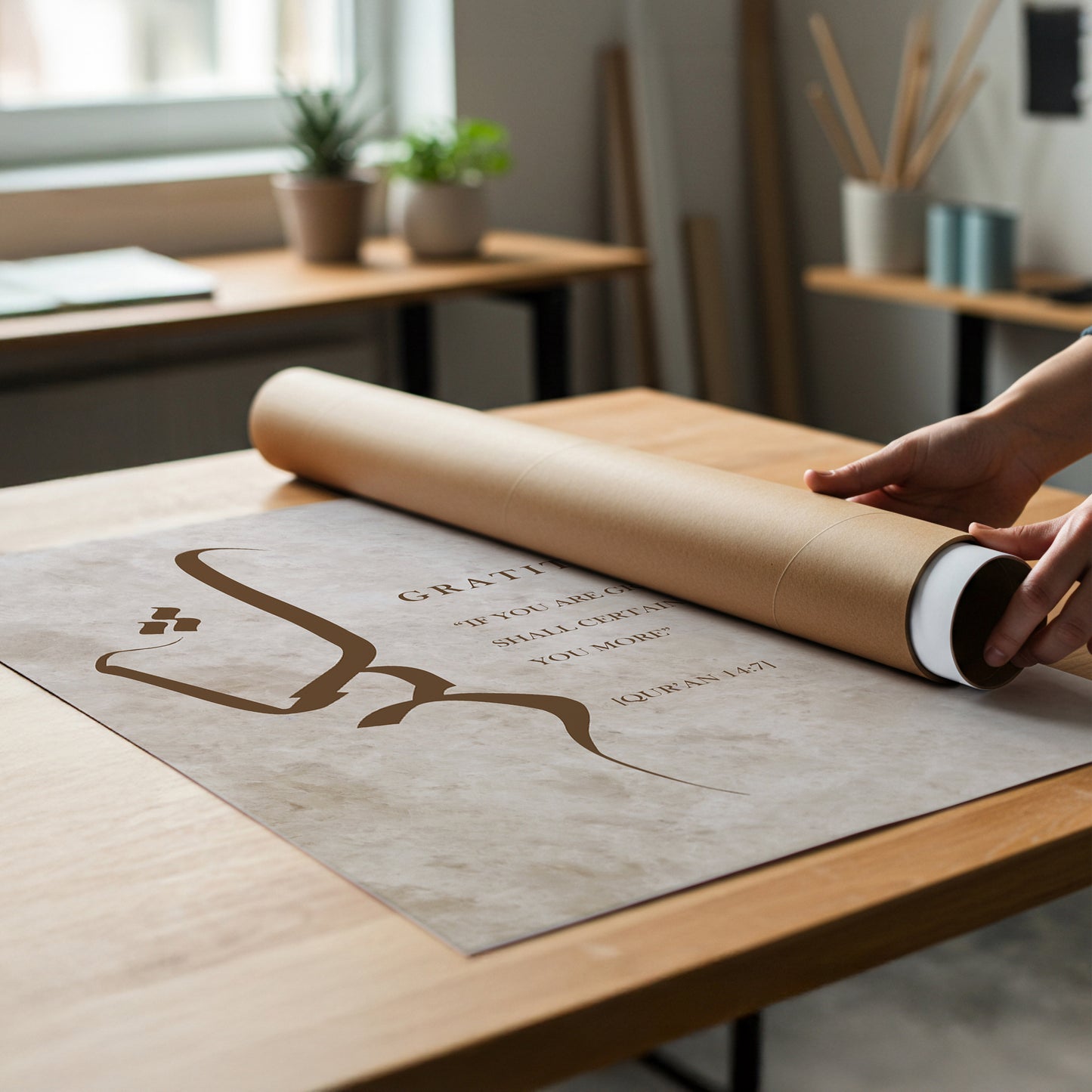 Set of 3 Islamic Wall Art Prints, Beige and Brown Sabr Shukr Hubb D58