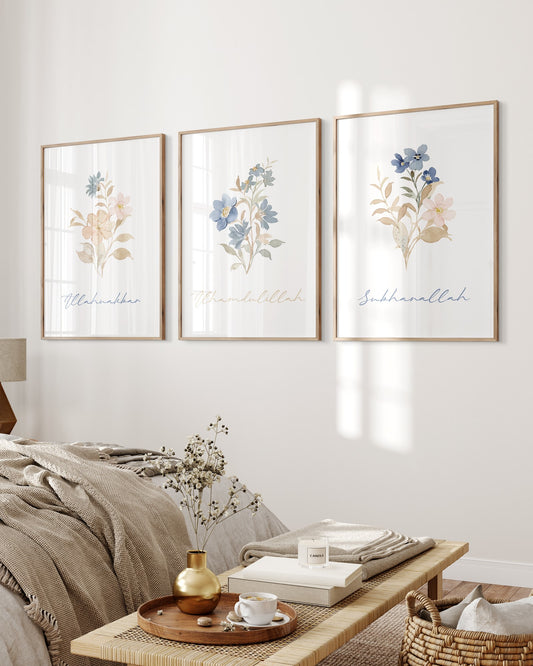 Digital Download, 3 Piece Islamic Wall Art, Islamic Prints, Muslim Poster Set, Floral Muslim Islamic Art, Zikr In English, Botanical Art