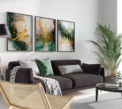 Set of 3 Islamic Wall Art Prints, Allah Ayatul Kursi Muhammad-Green & Gold Marble