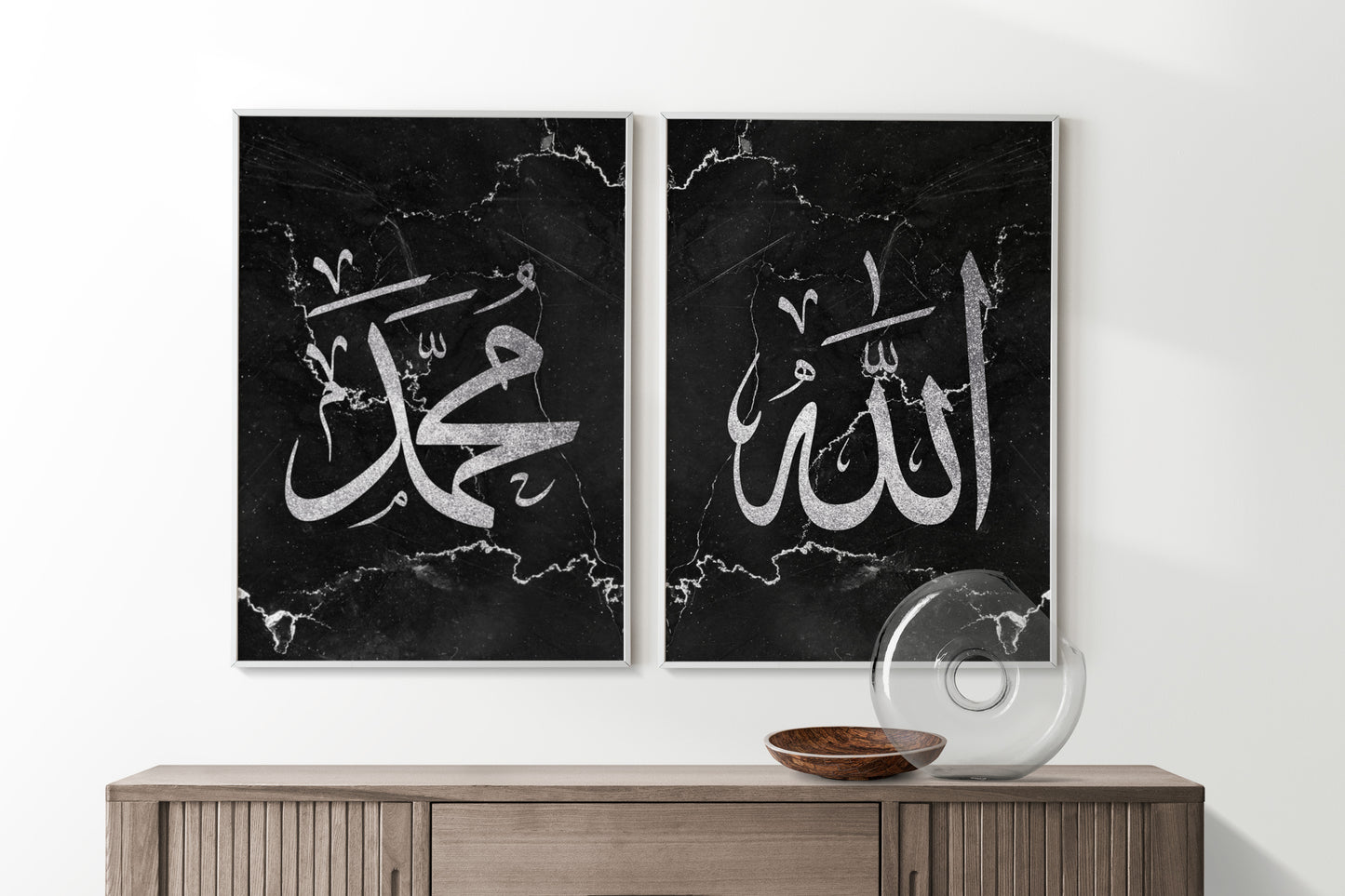 Set of 3 Islamic Wall Art Prints Black And Silver Marble Allah Ayatul Kursi Muhammad