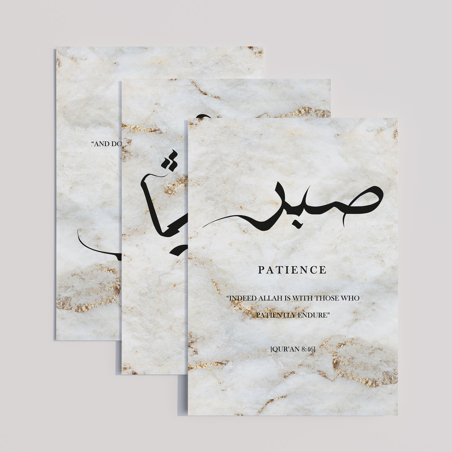 Marble-patterned card with Arabic calligraphy and English text on a light gray background
