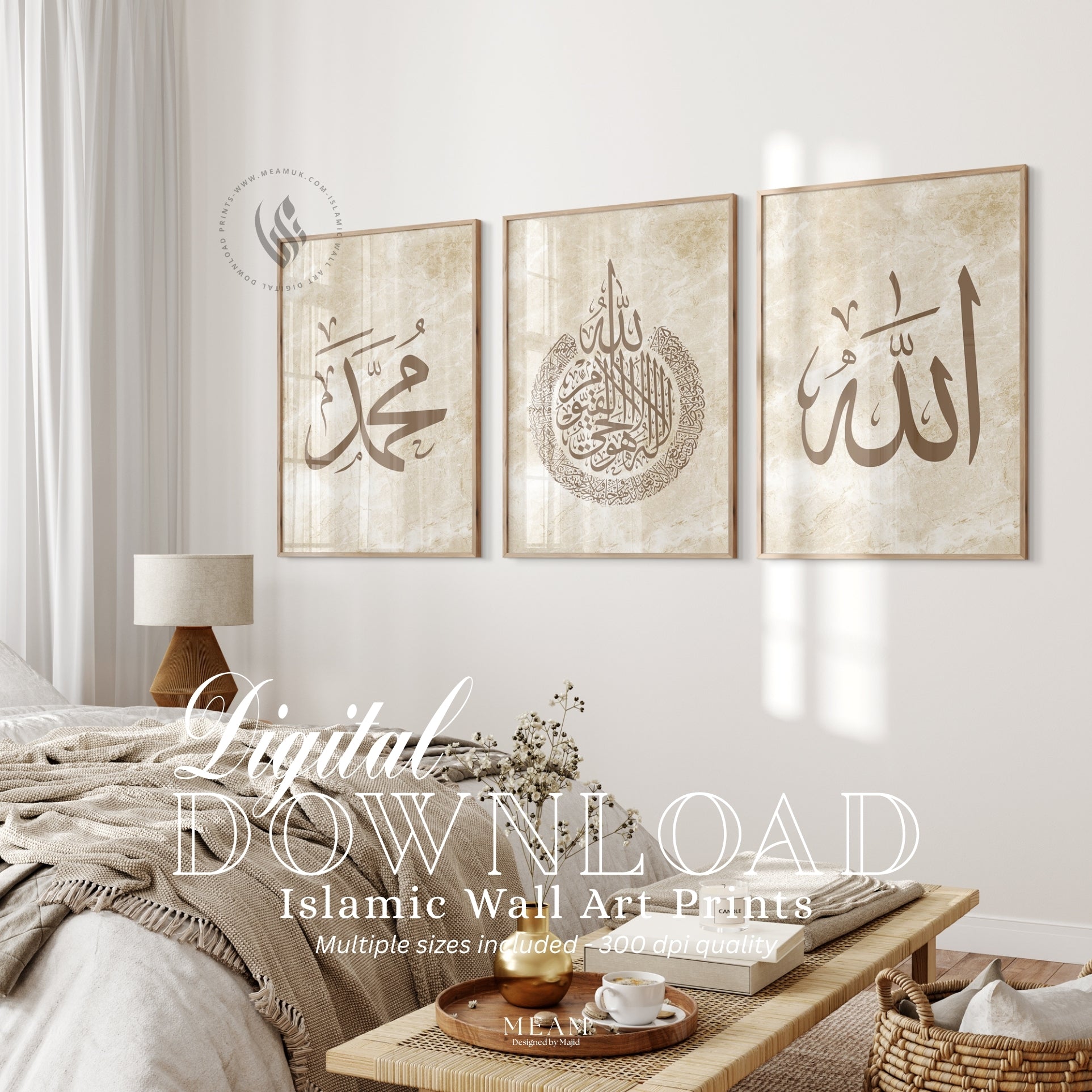 Three framed Islamic wall art prints on a wall above a sofa in a living room.