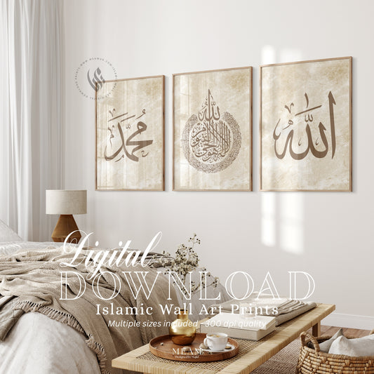 Three framed Islamic wall art prints on a wall above a sofa in a living room.