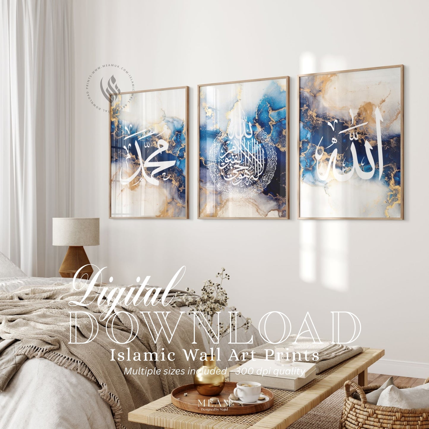 Digital Download Set of 3 Royal Blue & White Arabic Prints