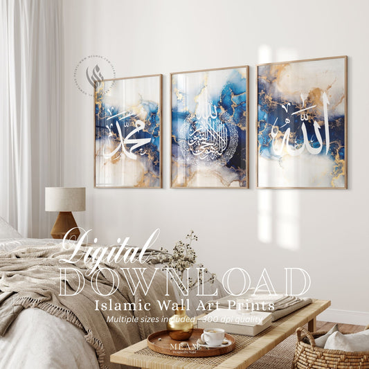 Digital Download Set of 3 Royal Blue & White Arabic Prints