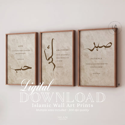 Three framed Islamic wall art prints with Arabic calligraphy sabr, shukr and hubb and English text from the quran on a white wall.