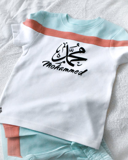 Custom T-shirt & Short Set In Blue/Peach (Size 6mnths - 10yrs)