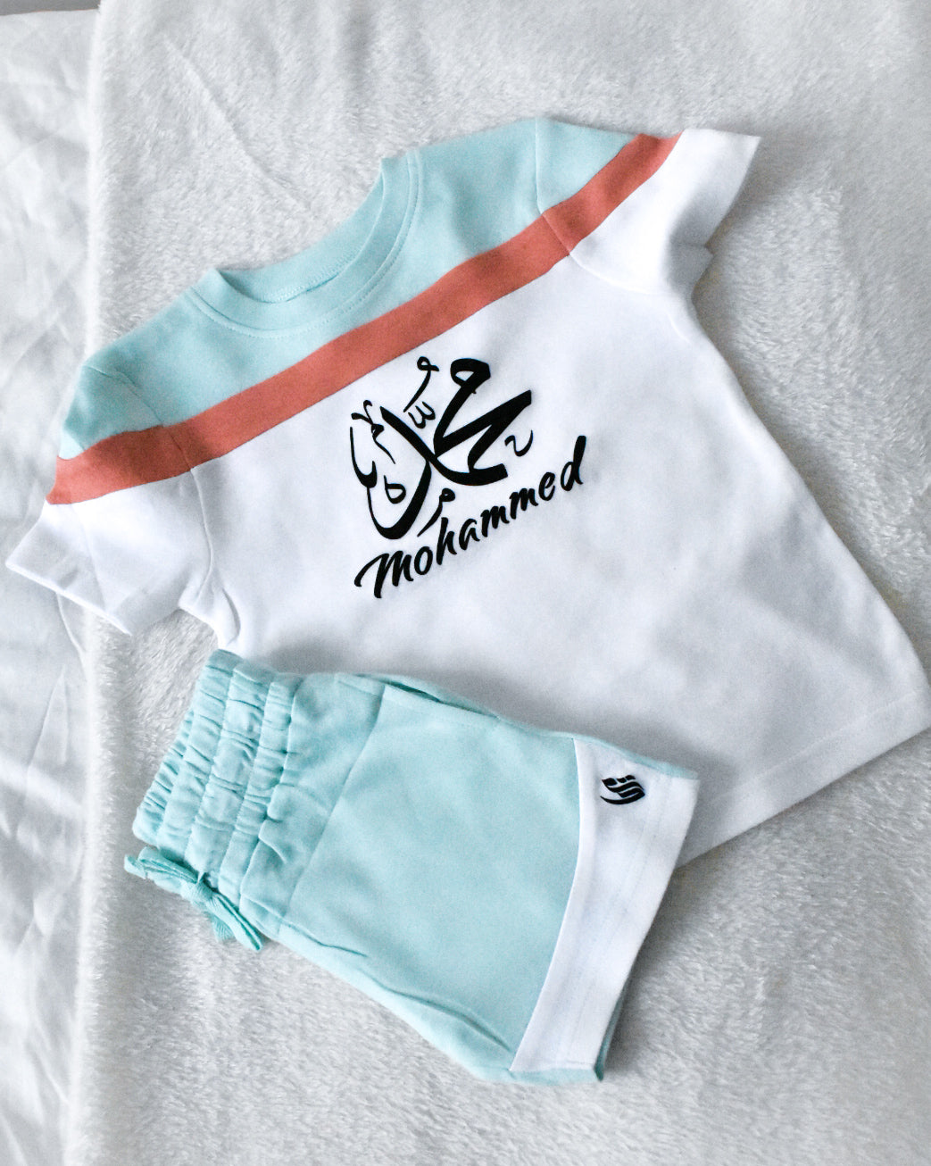Custom T-shirt & Short Set In Blue/Peach (Size 6mnths - 10yrs)