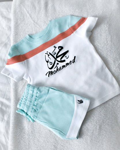 Custom T-shirt & Short Set In Blue/Peach (Size 6mnths - 10yrs)