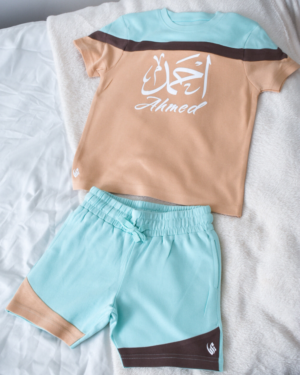 Custom T-shirt & Short Set In Blue/Sand (Size 6mnths - 10yrs)