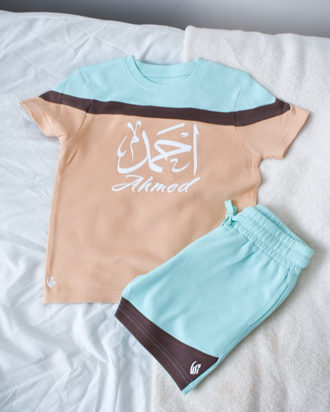 Custom T-shirt & Short Set In Blue/Sand (Size 6mnths - 10yrs)