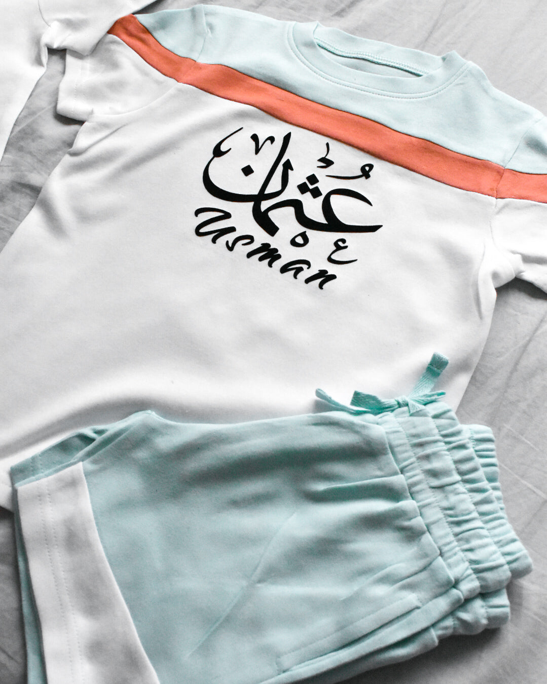 Custom T-shirt & Short Set In Blue/Peach (Size 6mnths - 10yrs)