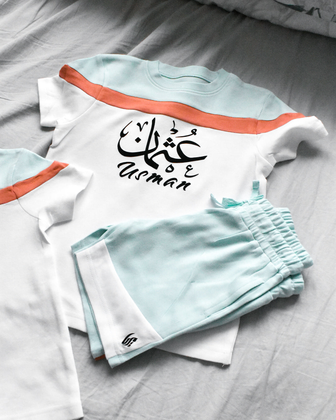 Custom T-shirt & Short Set In Blue/Peach (Size 6mnths - 10yrs)