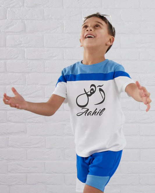Custom T-shirt & Short Set In Blue/White (Size 6mnths - 10yrs)