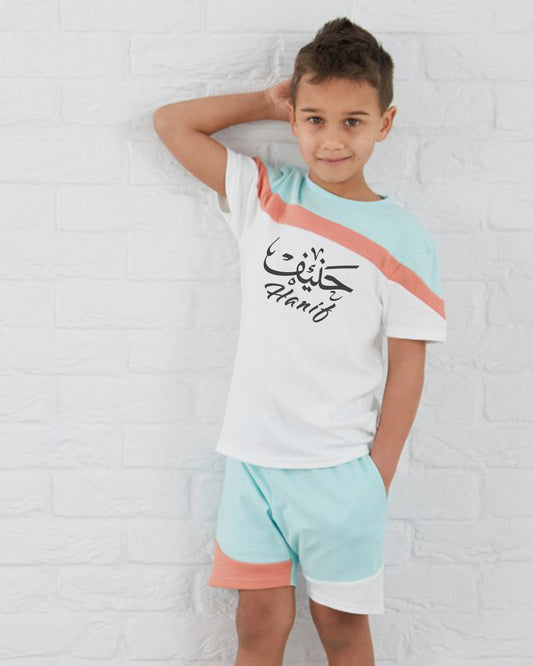 Custom T-shirt & Short Set In Blue/Peach (Size 6mnths - 10yrs)