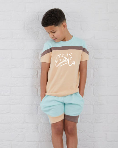 Custom T-shirt & Short Set In Blue/Sand (Size 6mnths - 10yrs)