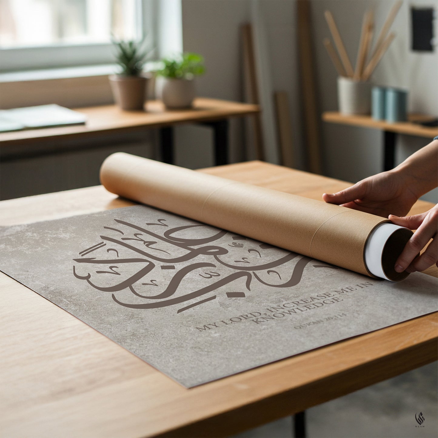 Person unrolling a mat with Arabic calligraphy on a wooden table.
