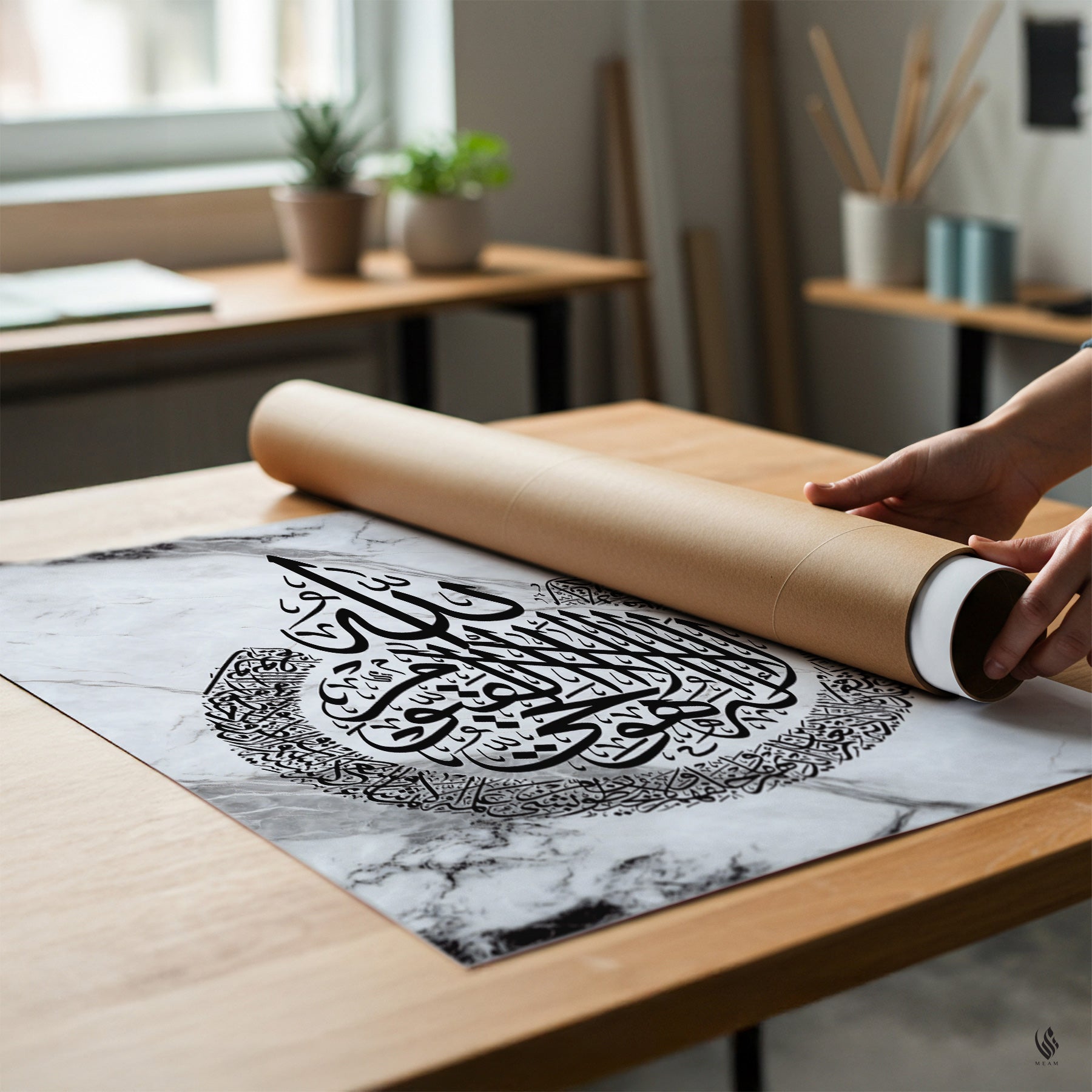 Person unrolling a piece of paper with Arabic calligraphy on a wooden table.