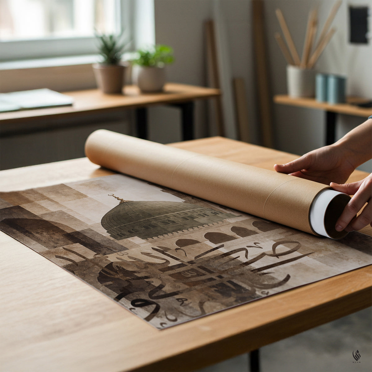 A person's hands are shown unrolling a large art print or poster wrapped in a brown cardboard tube on a light wood desk in a bright, modern room.