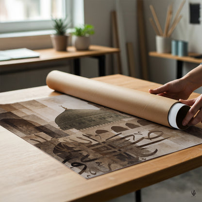 A person's hands are shown unrolling a large art print or poster wrapped in a brown cardboard tube on a light wood desk in a bright, modern room.