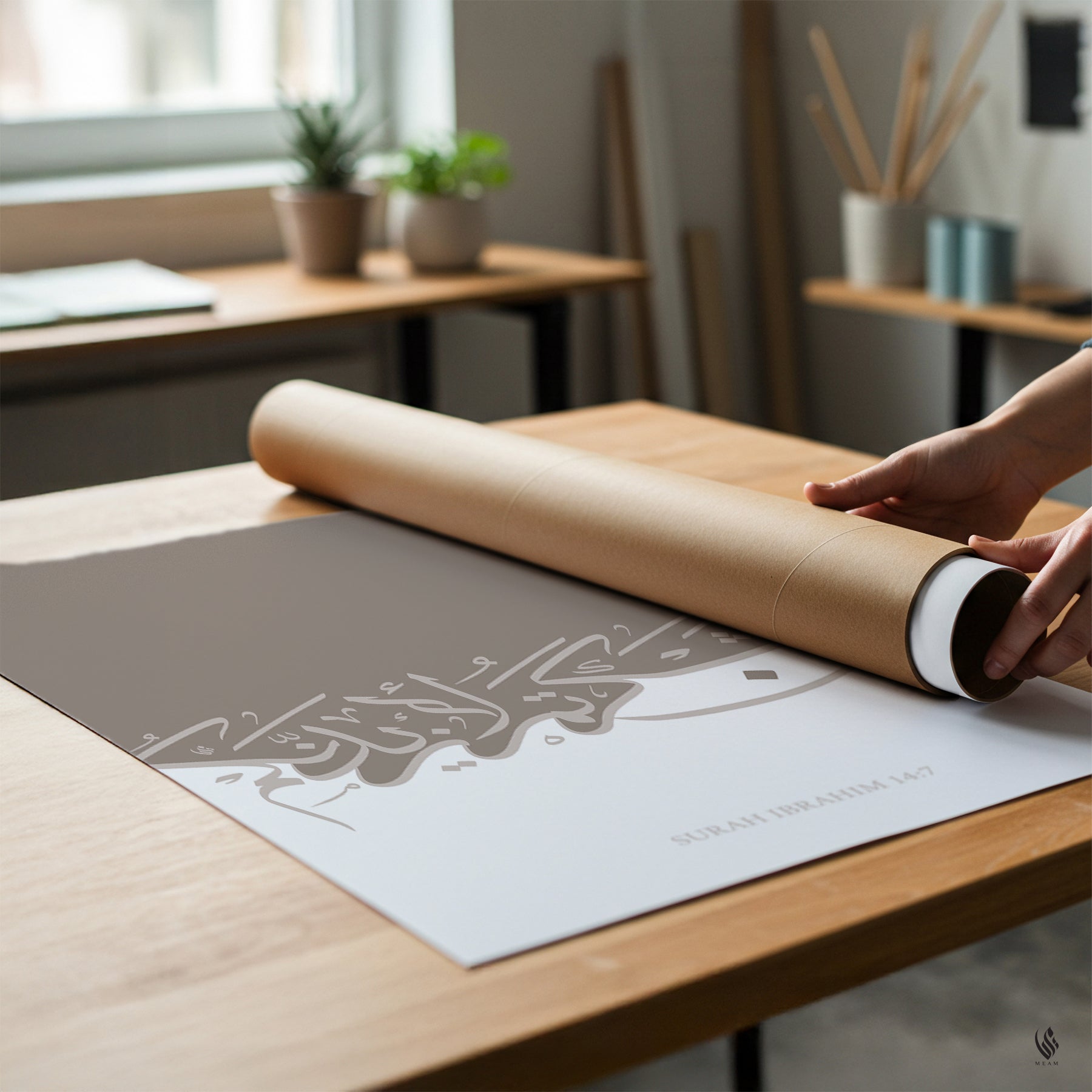 Person unrolling a large sheet of paper with intricate design on a wooden table.