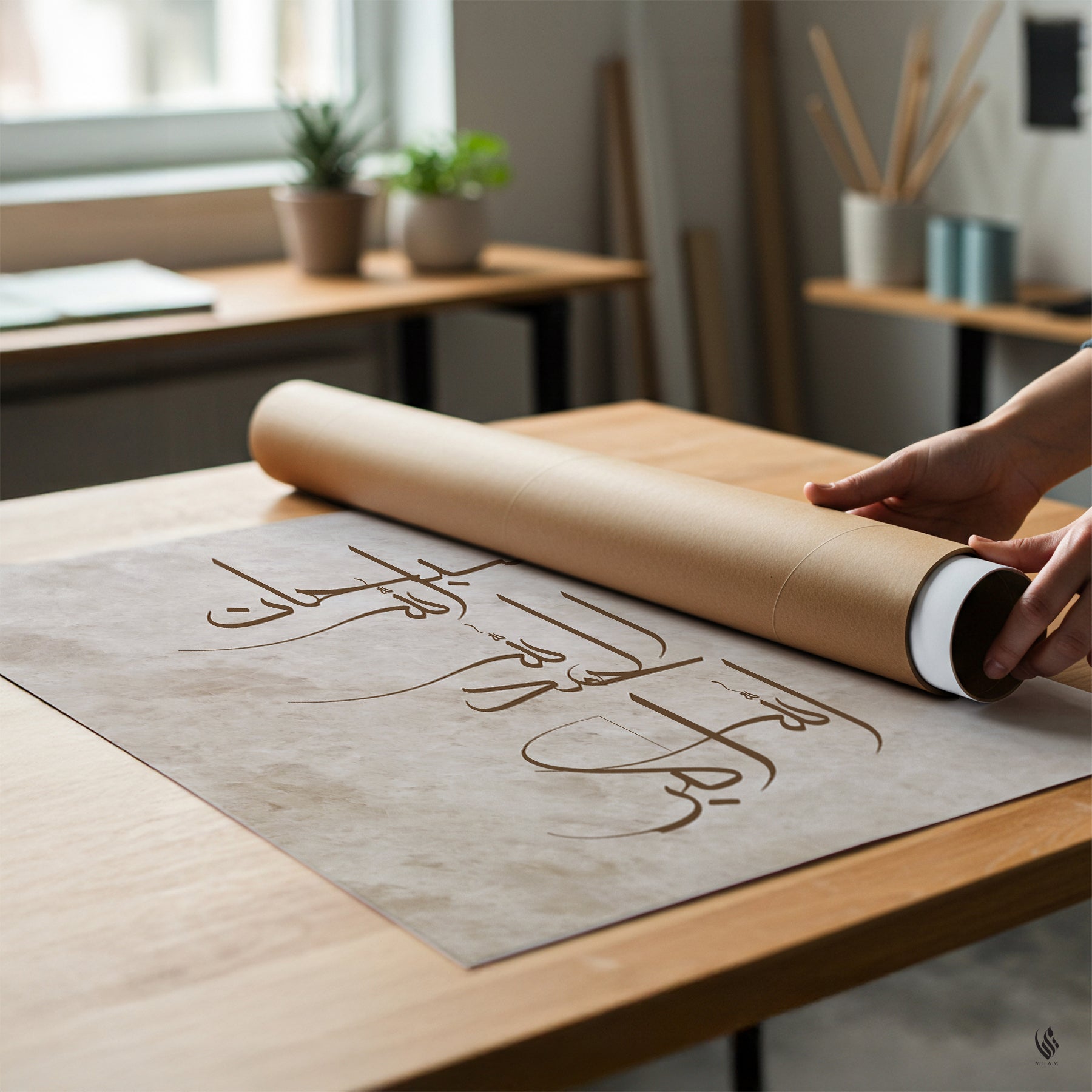 A person's hands are shown unrolling a large art print or poster featuring elegant Arabic calligraphy. The print is laid out on a light wood desk in a modern, softly lit studio or office environment with blurred plants and shelves in the background.